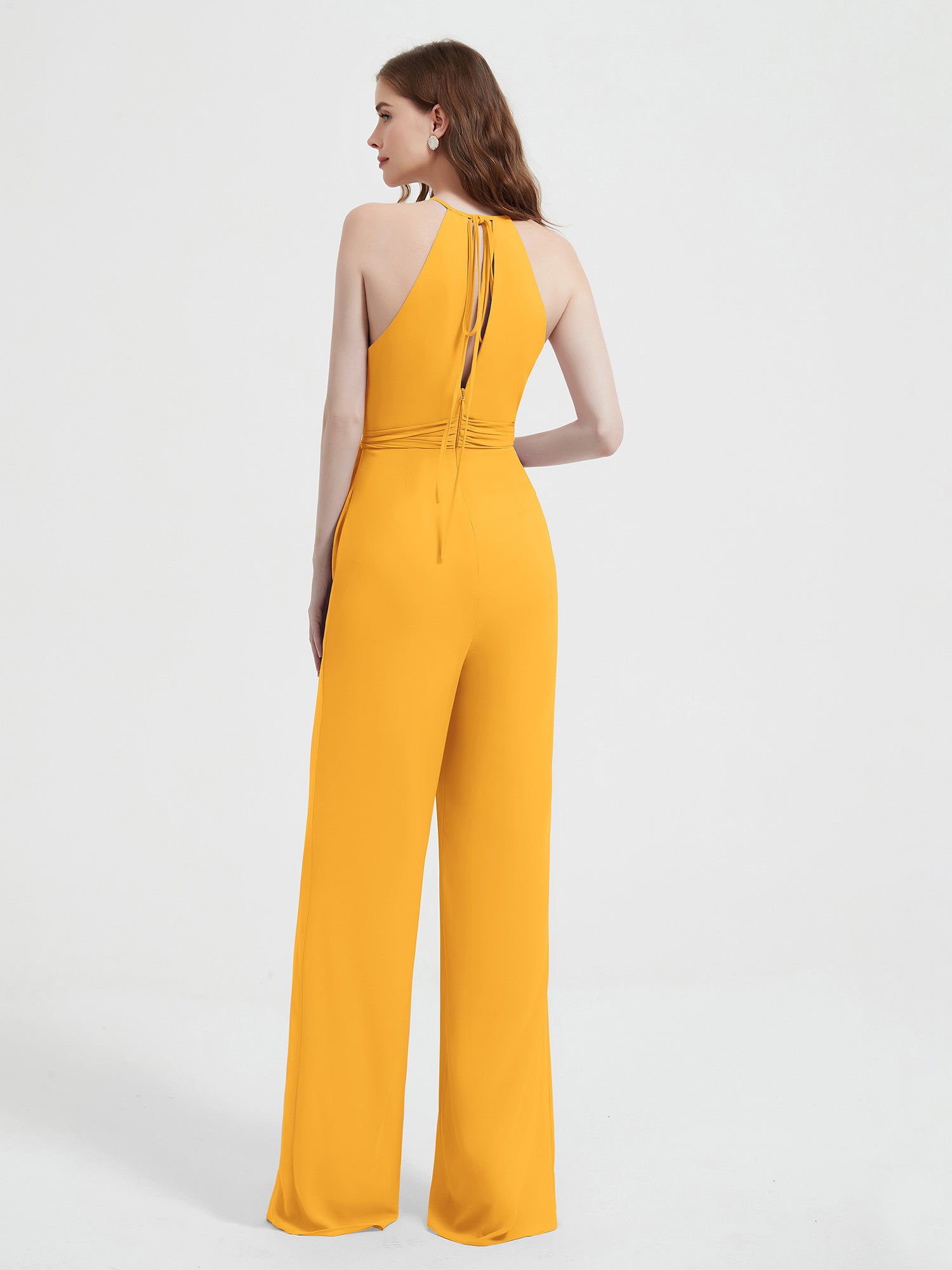 Halter Neckline Sleeveless Chiffon Pleated Jumpsuit Tangerine